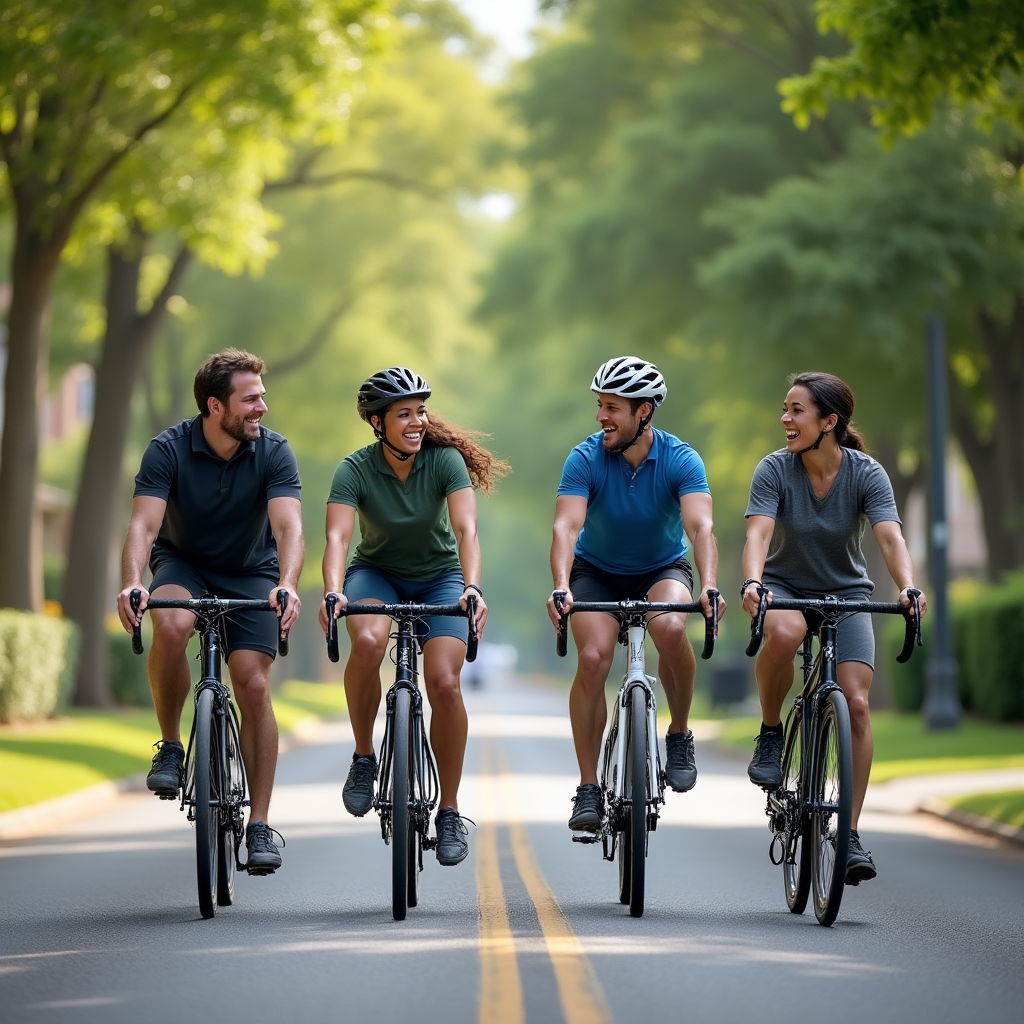 Small group of recreational cyclists riding together on a quiet suburban road