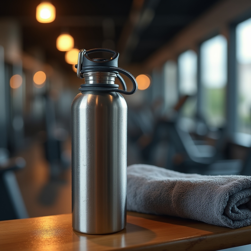 Reusable water bottle resting on a gym bench beside folded workout towel