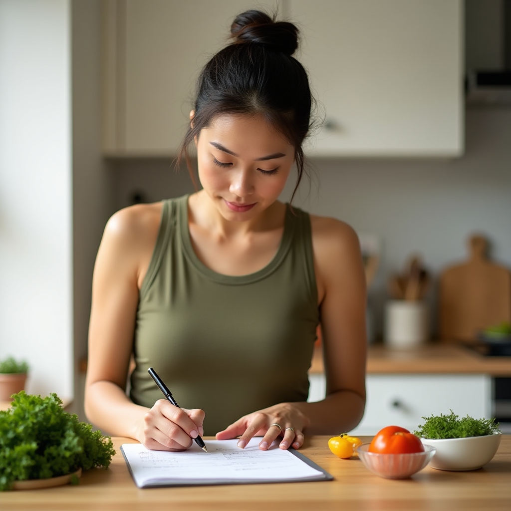 Person planning simple meals around a workout schedule at a home kitchen counter