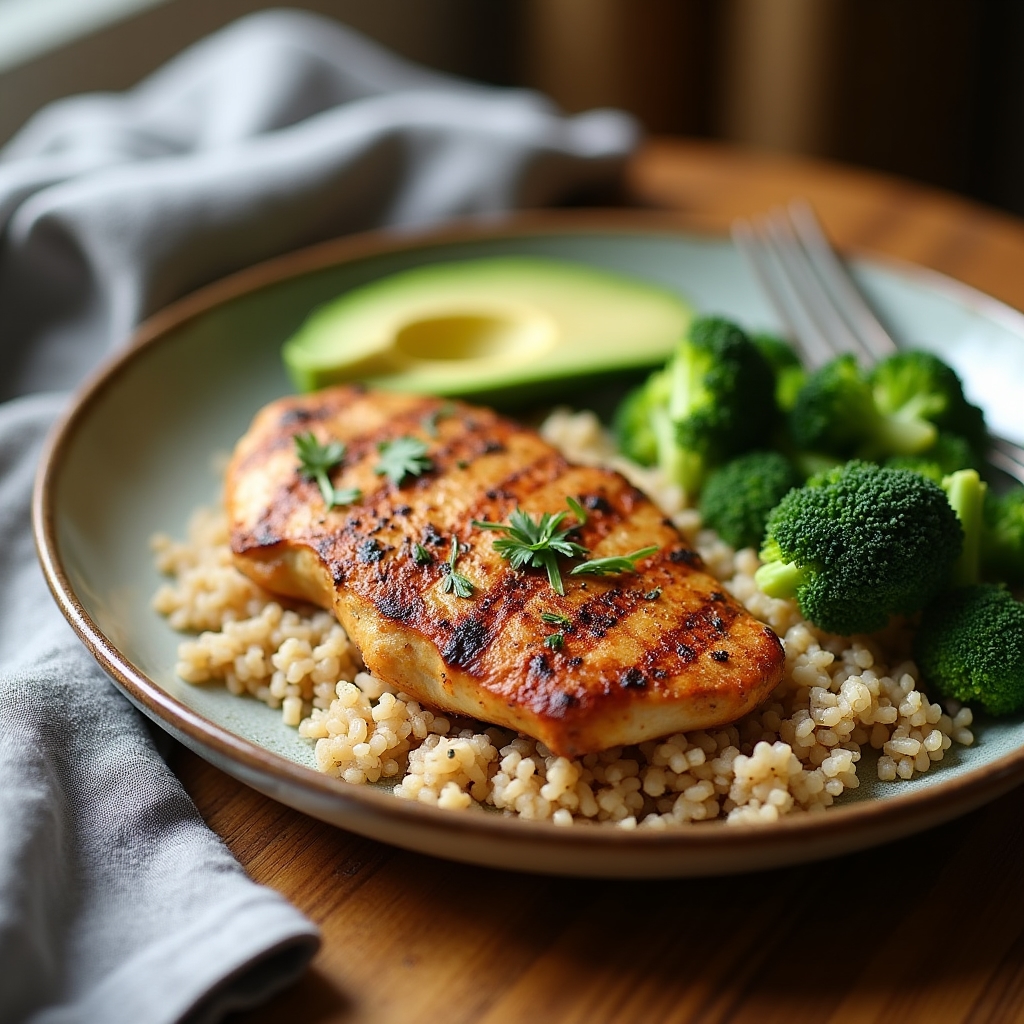 Balanced post-workout plate with grains, vegetables and protein arranged on a kitchen table