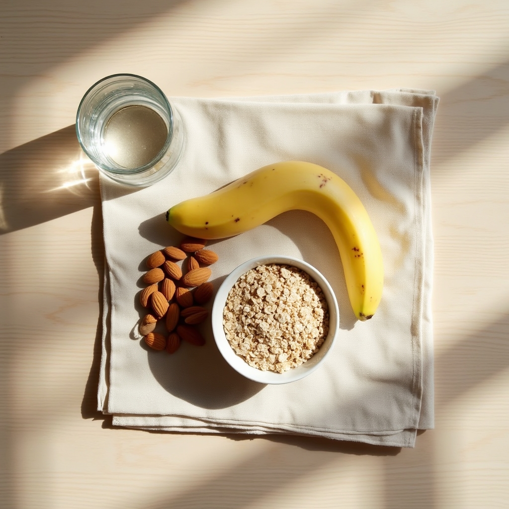 Simple pre-workout snack of banana, oats and water laid out on a wooden table